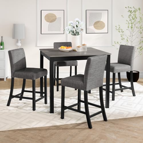Image of KEIKI 5-Piece Counter Height Dining Table Set with Square Table and 4 Upholstered Curved Backrset Chair, for 4 Person, Modern Wooden Table Set, Easy Assembly, for Kitchen, Dining Room, Black+Gray
