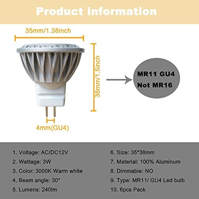 ALIDE MR11 GU4 Led Bulbs 3000K Soft Warm White 3W, Replace 10W 20W 35W Halogen Equivalent,12V MR11 GU4 Low Voltage Spotlights for Outdoor Landscape Flood Yard Track Lighting,Not Dimmable,30 Deg,6 Pack