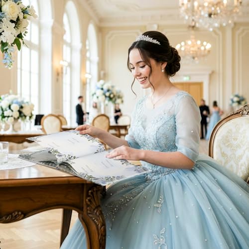 Image of MotiMind Quinceanera Guest Book with Pen 11 x 8 Inch Libro De Firmas Para 15 Anos Quinceanera Leather Hardcover Signature Book Guest Sign in for 15th Party Favors Decoration(Blue,Skirt)