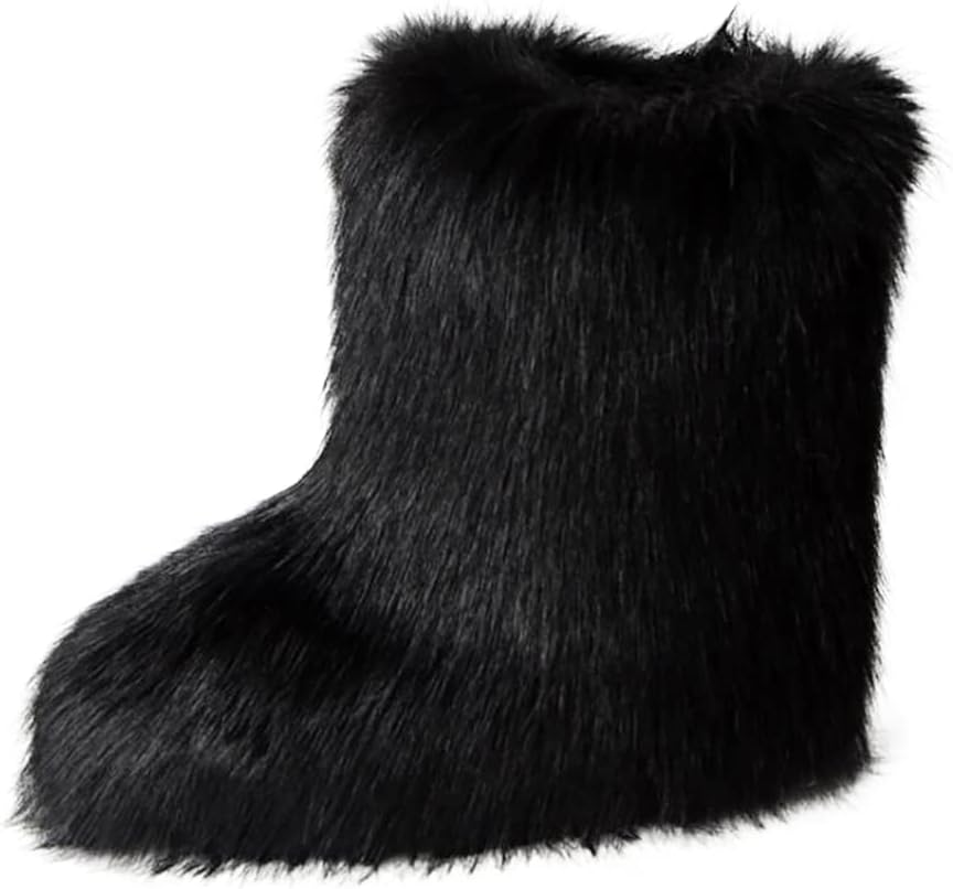 Eosxrp Furry Faux Fur Boots Women's Winter Shoes Woman Fluffy Warm Snow Boots Mid-Calf Comfortable Outdoor Flat