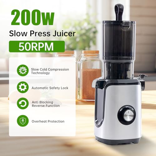 Image of NEWBULIG Cold Press Juicer Machines for Vegetables & Fruits, Silver | Slow Masticating Juicer Machine with Reverse Function, 4.25 inch Feed Chute, Stops Oxidation and Easy to Clean
