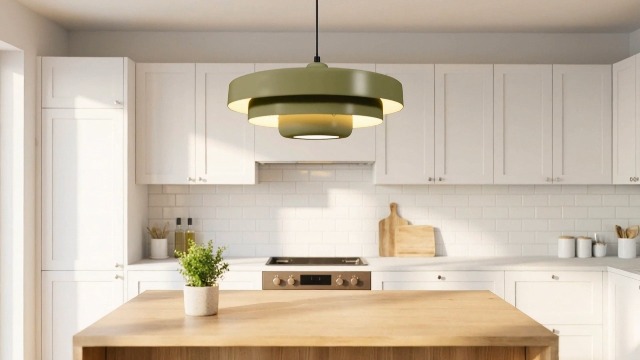 Image of Olive Green Large Pendant Light Fixture, 17.7 inch Vintage Industrial Adjustable Height Hanging Lamp for Farmhouse Cafe Bistro Kitchen Island Dining Room