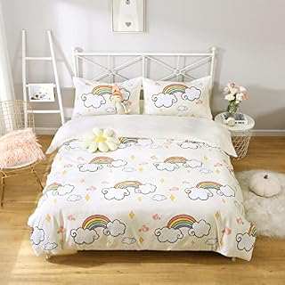 HLWDXno1 Rainbow Cloud Duvet Cover Girls Bedding Single Sets with 2 Pillow Case Stars Stripe Kids Bedding Ultra Soft Brushed Microfiber Quilt Cover Zipper Closure, White 140 * 200