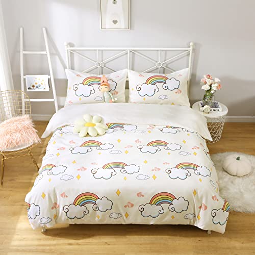 Rainbow Cloud Bettbezug-Set, Mädchen-Bettwäsche, weiß, bedruckt, gestreift, mit 2 Kissenbezügen (Doppelbett/200 x 200 cm) Cover