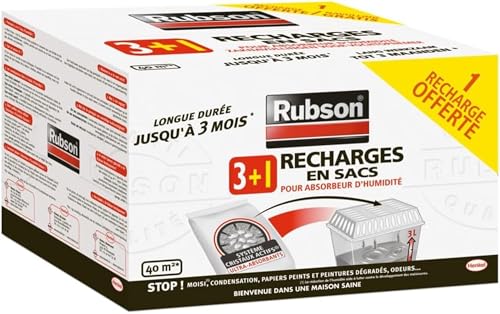 RUBSON recharges en sac pour absorbeur d'humidité - Lot de 3 recharges de 1 kg + 1 recharge 1 kg gratuite