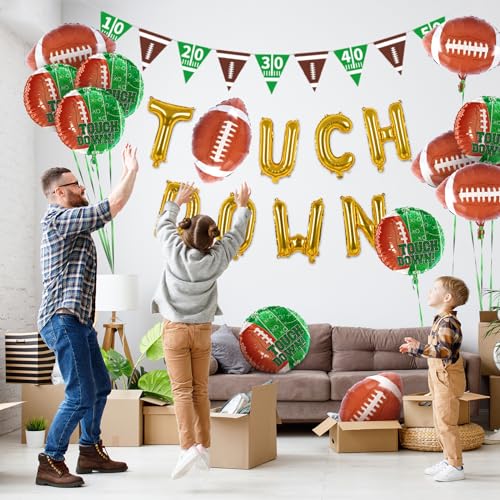Image of Football Party Supplies Kit - Touchdown Letter Balloon, Goal Post & Football Shaped Foil Balloons, Round 'Touchdown!' Foil Balloons, and Banner for Birthday, Game day, Tailgate Party Decorations