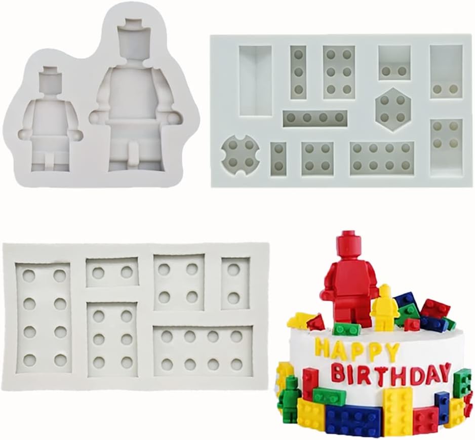 3pcs Building Bricks Robots Silicone Molds for DIY Fondant Candy Making Tools Chocolate Mold Desserts Ice Cube Gum Clay Biscuit Plaster Resin Cupcake Topper Cake Border Decor Moulds