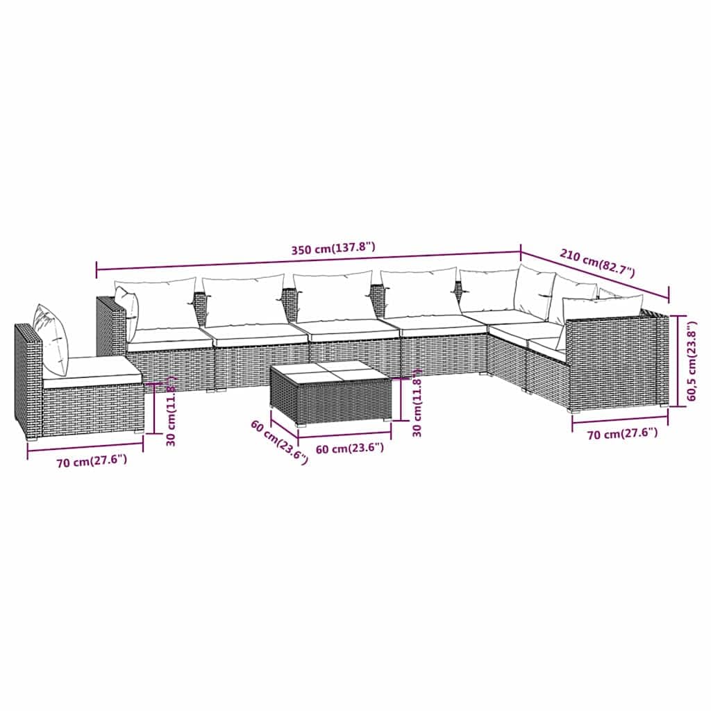 9-częściowy zestaw wypoczynkowy ogrodowy z poduszkami, modułowa sofa outdoorowa z rattanu PE w kolorze brązowym, malowana proszkowo rama stalowa, hydrofobowa tapicerka, chromowane nóżki z