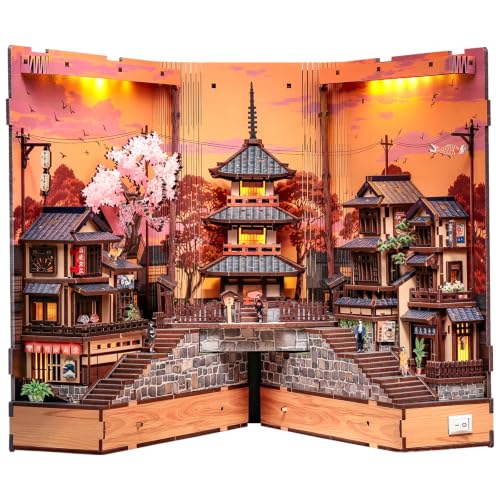 Cutefun Japanese Book Nook - Japan DIY Miniature Kit 3D Wooden Puzzles for Adults Bookshelf Diorama - Craft Gift for Women Puzzle Lovers (Twilight Sakura Path)