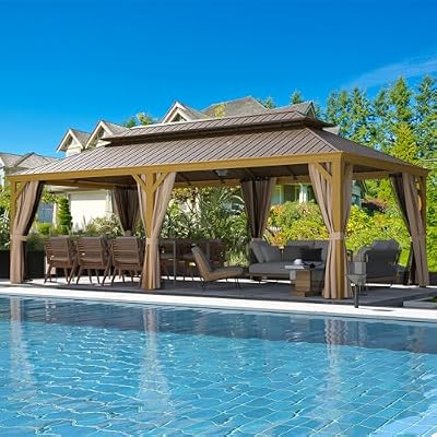 MELLCOM 12'x24' Hardtop Gazebo, Wood Grain Aluminum Frame with Galvanized Steel Double Roof, Outdoor Gazebo with Curtains and Nettings for Patio, Backyard and Deck