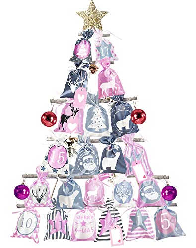 Adventskalender zum Befüllen Stoff, 24 Adventskalender Selber Zum Befüllen Rosa Kinder Mädchen, 2022 Weihnachtskalender Advebtskalder zum Befüllen mit Rosa Grau Groß Säckchen für Kinder Mädchen Frauen Cover