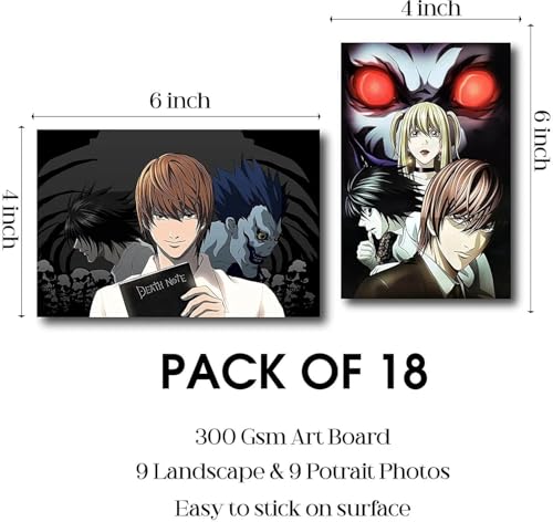 Image of ATEVON Death Note Wall Poster Set of 18 - 6x4 Inch Unframed Mini Collage Kit Featuring Light Yagami, L, Ryuk - Japanese Manga Room Decor for Fans
