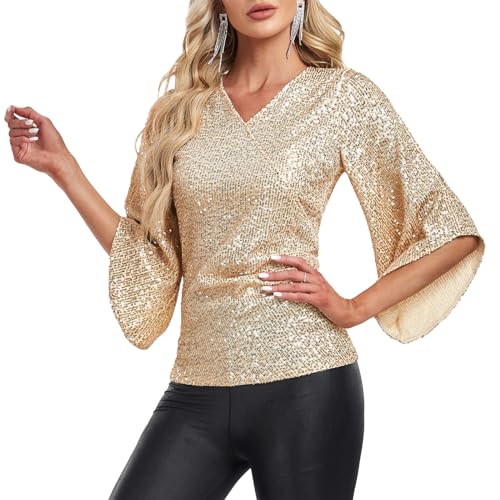 Sequin Tops for Women 3/4 Sleeve Blouse for Women Dressy Sparkly Tops V Neck Outfits for Party Glitter Tops4