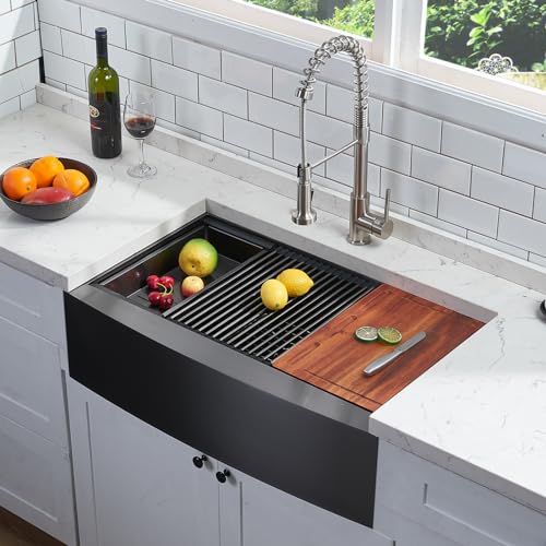 Image of 33 Inch Black Farmhouse Sink, Undermount Stainless Steel Apron Front Farm Kitchen Sink Single Bowl Workstation 16 Gauge 33x20x9 with Accessories