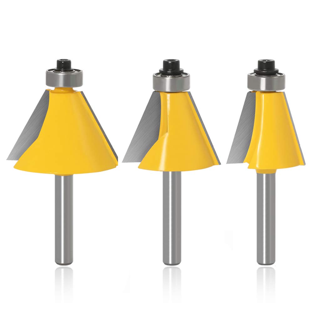 Mesee 3 Pieces Chamfer Edge Forming Router Bit Set, 1/4 Inch Shank Chamfer and Bevel Edging Cutter Bits with Bearing Guide Woodworking Cutting Tool - 15/22.5/30 Degree Cutting Angle