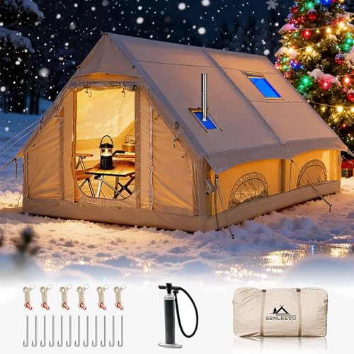 Inflatable Camping Tents 8-10 Person,129 Square Feets Large Inflatable Glamping Tent with Stove Jack,Blow up Tent for Camping with Mesh Windows & Pump, Easy Setup 4 Season Glamping Tents Waterproof