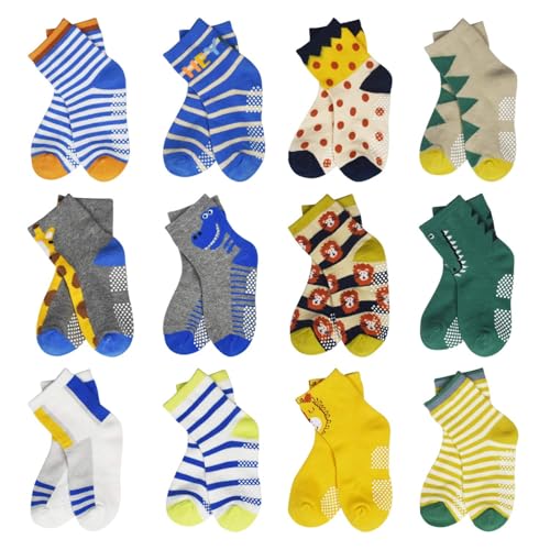 Image of HYCLES Anti Slip Toddler Socks, 12 Pairs Non-Skid Cotton Grip Kid Socks for 1-7T Boy Girl 6-12 Month Baby