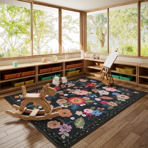 Washable Area Rugs for Living Room: 6x9 Bedroom Rug Vintage Floral Large Rug Stain Resistant Non Slip Low Pile Faux Wool Soft Rugs for Entryway Dining Room Bedside Kitchen Nursery Home