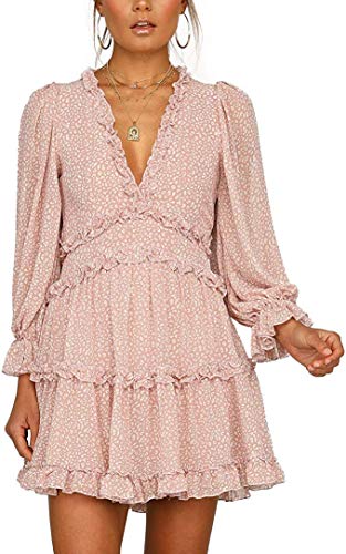 Supersun Boho-Kleid mit Rüschen, Blumenmuster, langärmelig, V-Ausschnitt, rückenfrei, für Damen, lässig, für Party, Hochzeit Gr. Small, rose
