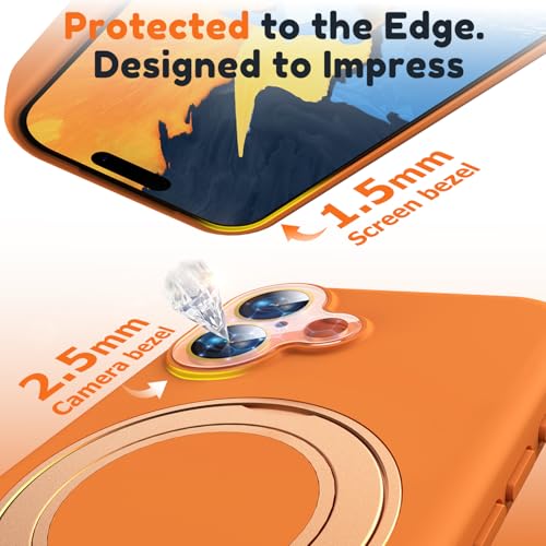 Image of Silicone 360 Spin Magnetic Stand Case for iPhone 17, [Compatible with Mag-Safe][Reinforced Hard Camera Protection]Shockproof Liquid Silicone Rubber Phone Case Cover with Ring, Camera Button, Orange