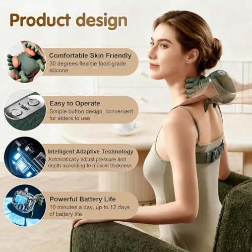 Image of Bionic Heated Massager, Wireless Portable Shiatsu Neck and Back Massager, Electric Deep Tissue 4D Kneading Massage, Simulated Human Hand Design for Pain Relief and Muscle Relax-Bottle Green
