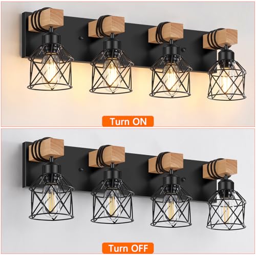 FadimiKoo-4-Light-Rustic-Style-Wood-Bathroom-Vanity-Light-Fixtures-Black-Bathroom-Lighting-with-Cage-Metal-Shade-Farmhouse-Wall-Sconces-for-Hallway-Bedroom-Dressing-Table FadimiKoo 4 Light Rustic Style Wood Bathroom Vanity Light Fixtures Black Bathroom Lighting with Cage Metal Shade Farmhouse Wall Sconces for Hallway Bedroom Dressing Table