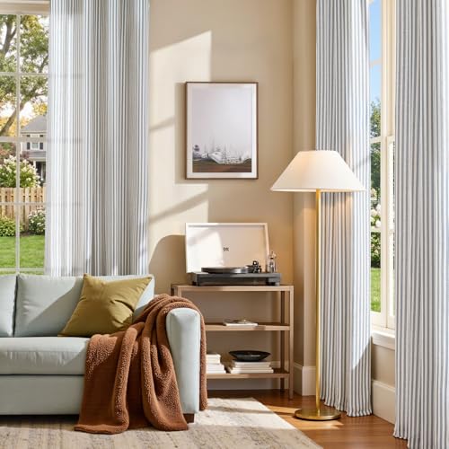 Image of jinchan Linen Curtains 96 inch Blue Stripe on Beige Grommet 2 Panels