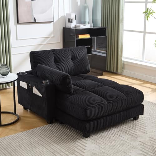 JCFEIDQW Sofá cama, sofá con función de sueño, sofá nube, sillón de palma, acolchado de rayas mullidas, cambio con cojines enrollables, solapas, 3 tazas y 1 bolsillo lateral (negro)