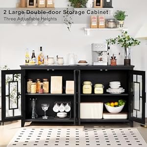 Large Sideboard Buffet Cabinet with Storage, 63" Farmhouse Black Kitchen Coffee Wine Bar Cabinet with 4 Glass Doors, Wood Mid Century Modern Side Board Table for Dining Room, Living Room Large Sideboard Buffet Cabinet with Storage 63 Farmhouse Black Kitchen Coffee Wine Bar Cabinet with 4 Glass Doors Wood Mid Century Modern Side Board Table for Dining Room Living Room