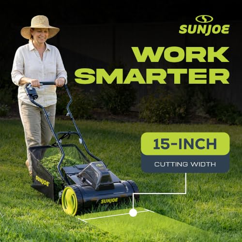 Image of Sun Joe 24V-CRLM15 15-Inch 24-Volt IONMAX Cordless Push Reel Mower w /11.9-Gallon Collection Bag, Kit (w / 4.0-Ah Battery + Charger)