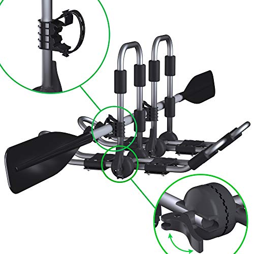 XGeek Kayak Roof Rack 4-in-1 for Kayak, Surfboard, Canoe and Ski Board Rooftop Mount Carrier Folding Adjustable Bilateral J-Style Rack on SUV, Car and Truck