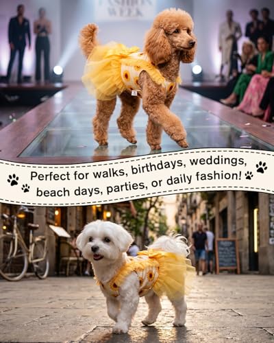 Image of CuteBone Sunflower Tutu Pet Dress for Small Dogs, Cats - Double-Layer Yellow Tulle Skirt - Back Satin Bow - Summer Party, Photo Shoot Dress