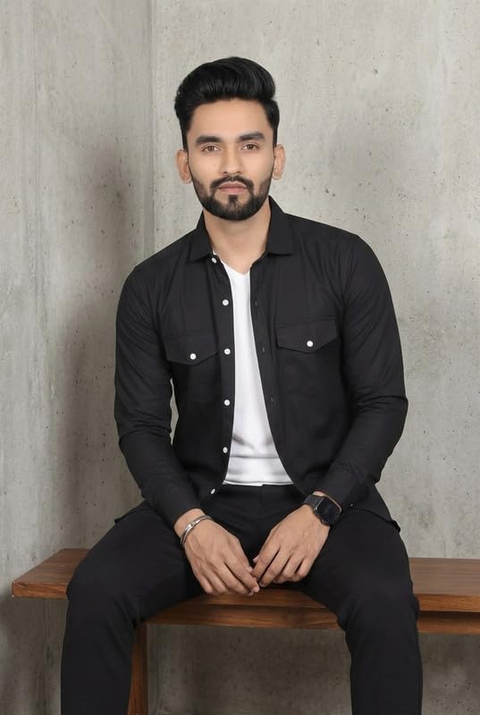 Image of DEELMO Men Solid Slim Fit Casual Overshirt Style Shirt | Full Sleeve Button-Down Layering Shirt Smart Casual Look