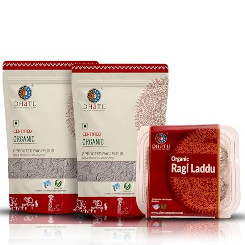 Image of Dhatu Organics Sprouted Ragi Flour 1kg + Organic Ragi Laddu 150g (Sweetened with Jaggery) | Calcium-Rich, Gluten-Free, High Fibre Millet Combo | Healthy Snack & Cooking Flou