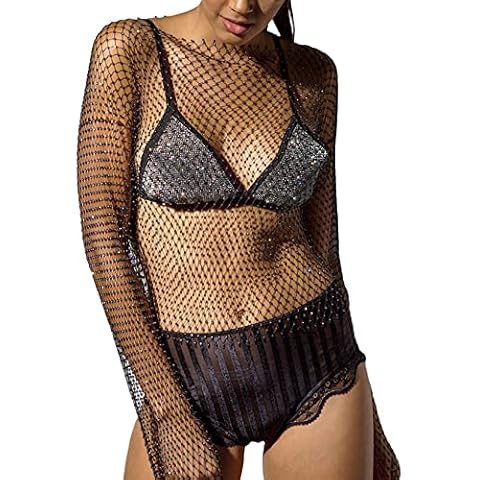 LOVHOT Women Sexy Diamond Mesh Tops Long Sleeve Round Neck Glitter Rhinestone See Through Shirts for Festival Rave Clubwear (Black, XS) Cover