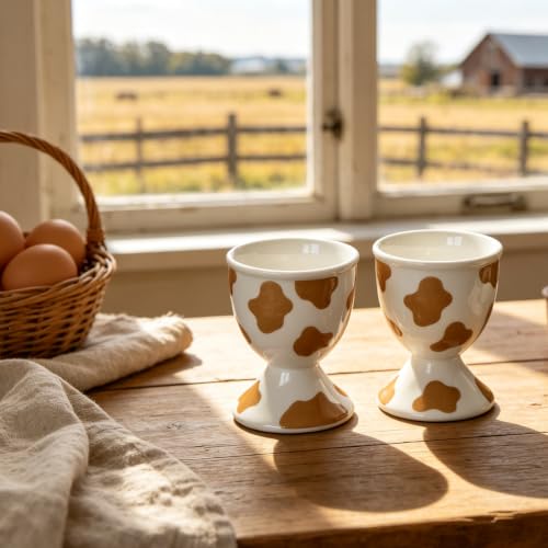 Image of Cinf Ceramic Egg Cups, Set of 2, Mocha Cow Boiled Egg Holders for Breakfast