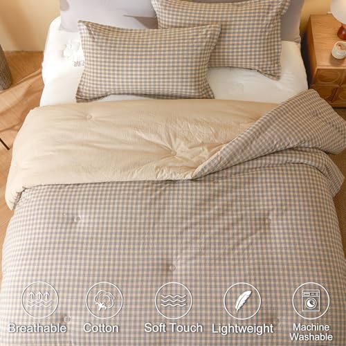 Image of 100% Cotton Comforter Set Queen Size - Reversible Yarn-Dyed Checkered Design, Soft Washed Cotton on Both Sides, Lightweight All-Season Bedding, Machine Washable(Beige Plaid, 90 inchx90 inch)
