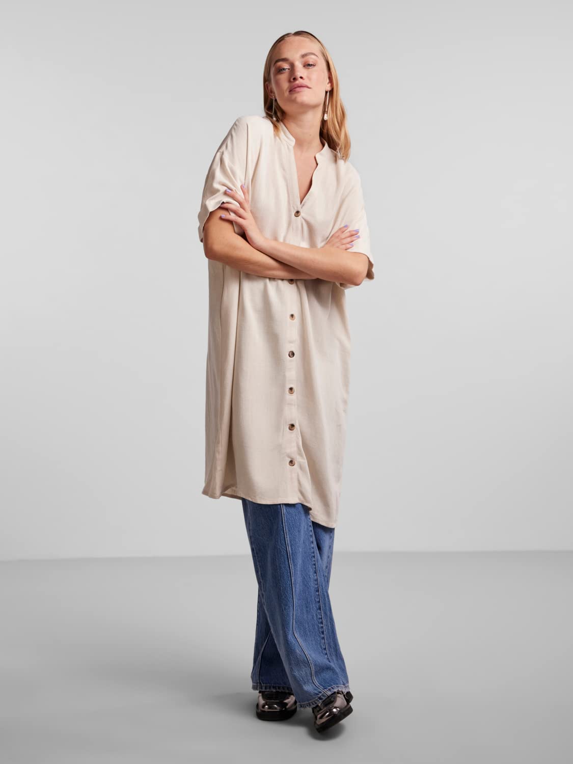 PIECES Pcvinsty SS Linen Shirt Dress Vestito Donna