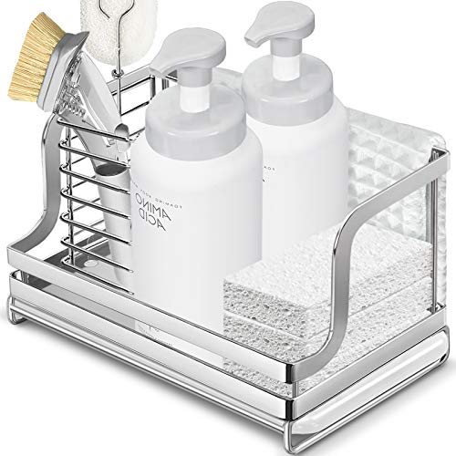 ODesign Kitchen Sink Caddy Organizer Sponge Brush Dispenser Holder with Drain Pan Tray Rag Dishcloth Rack Countertop Stainless Steel Rustproof