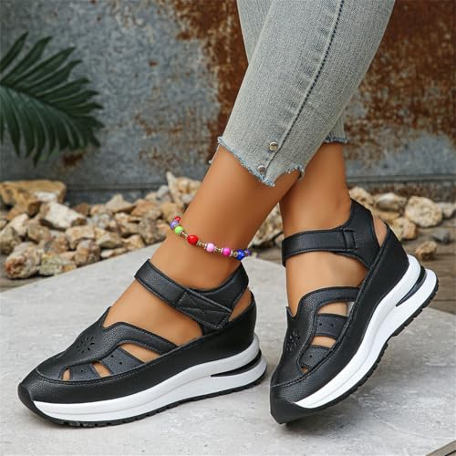 Women's Hollow Out Breathable Platform Wedge Sandals Sneakers Leather Closed Toe Comfortable Summer Slip On Sandals Casual Stylish Sneaker3