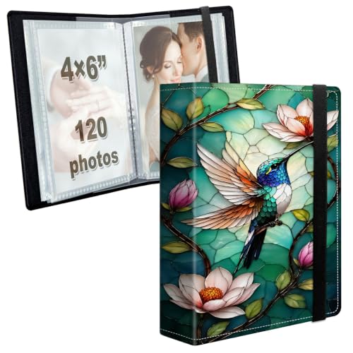 Image of Photo Album 4x6 120 Photos with Strong Elastic Band, Hummingbird Glass | Large Capacity Premium Leather Picture Album, Portable Wallet Albums Photo Book for Family Anniversaries Wedding Baby