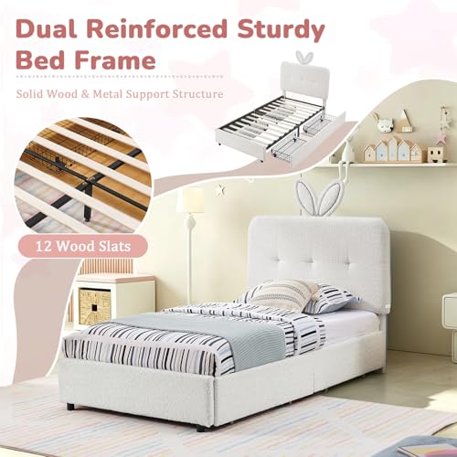 Image of Twin Led Bed Frame with 4 Storage Drawer, Upholstered Platform Floor Bed with Rabbit Ear Headboard Daybed Strong Wooden Slats No Box Spring Needed for Kids Girls Boys, Beige