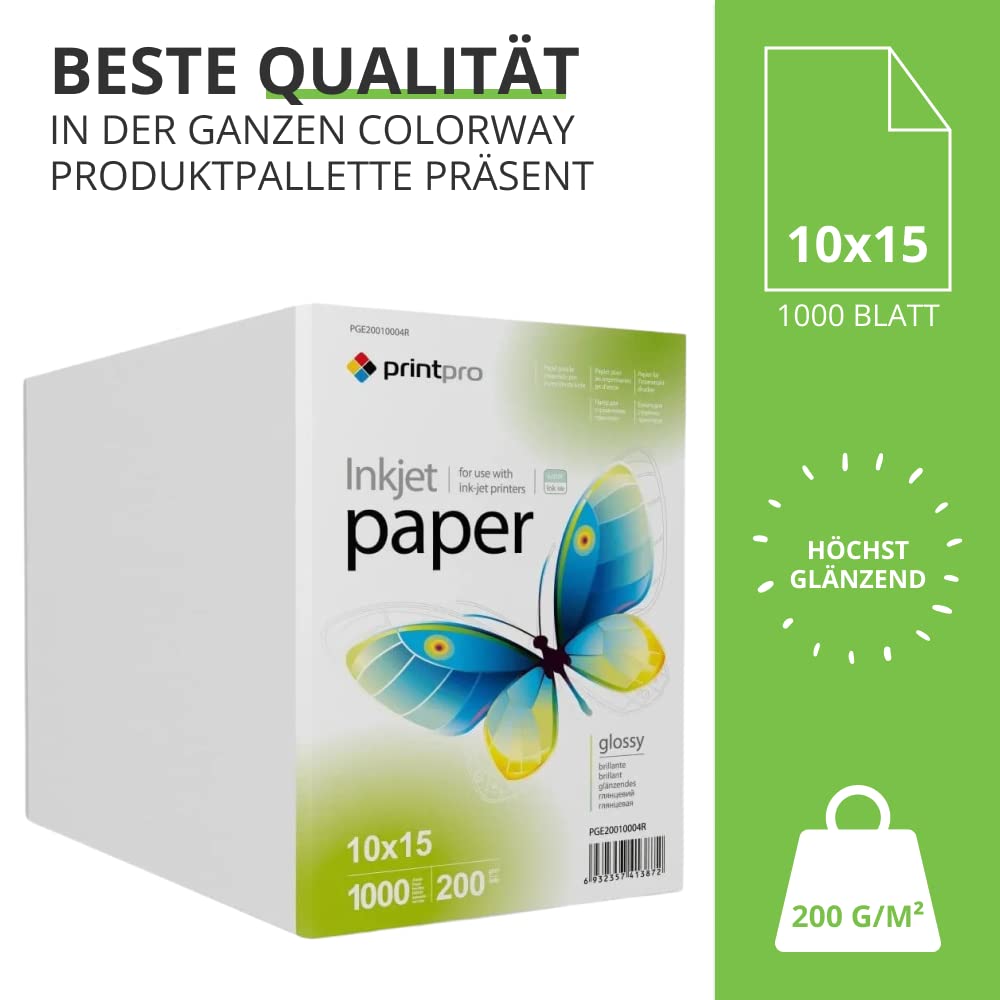 Fotopapier PrintPro von COLORWAY glänzend 200g/m² 1000 Blatt 10x15 Sofort Trocken Wasserfest für alle Tintenstrahldrucker