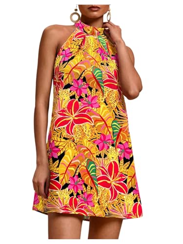 Image of Floerns Women's Sleeveless Floral Print Sundress Halter Neck A Line Short Dress