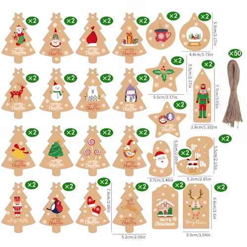 Swiftctrl Geschenkanhänger Weihnachten - 50 Stücke Weihnachtsanhänger Kraftpapier, 25 Stile Anhänger Weihnachten mit 50 Schnur, Geschenk Etiketten für Weihnachtsgeschenke Dekoration