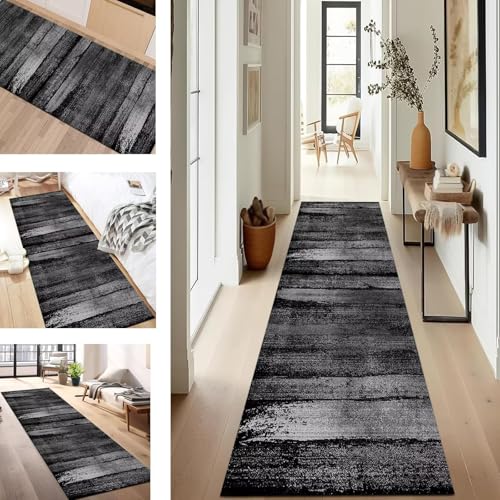 Geometrischer Teppich für Flur, rutschfest, waschbar, für Küche, Eingangsbereich, Wohnzimmer, Schlafzimmer und Wäsche, Anti-Schäfel-Bodenmatte, Treppenläufer, Schwarz / Grau, 40 x 60 cm