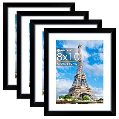 NEXCOVER 8x10 Picture Frame Black 4PK 8 x 10 Photo Frame with Shatterproof HD Plexiglass Picture Frames Collage for photos 5x7 with Mat or 8x10 Without Mat Horizontal and Vertical for Wall Hanging or Tabletop