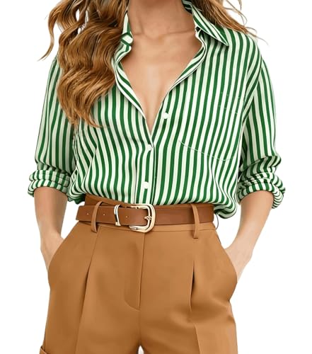 CoziHue Womens Tops Blouses for Women Dressy Casual & Button-Down Shirts Boyfriend Fashion Work Clothes Professional Striped Shirt Green Size S