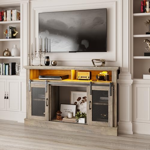 Image of Vabches Farmhouse TV Stand for TVs Up to 55 Inches, Entertainment Center with LED Lights, Modern Media Console Table with Sliding Barn Door, Grey