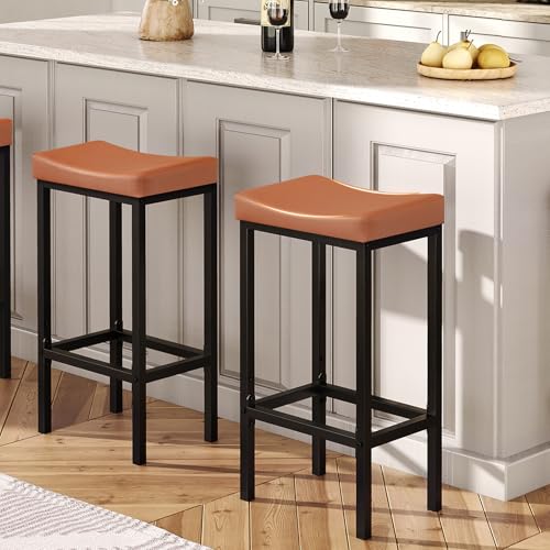 Image of HOOBRO Bar Stools, Set of 2 Bar Chairs, Counter Height Stools, Saddle Barstools with Curved Surface, 24.8 Inches, 2.4 inch Thick Upholstery, for Kitchen, Dining Room, Cafe Orange-Brown and Black CB10BY01